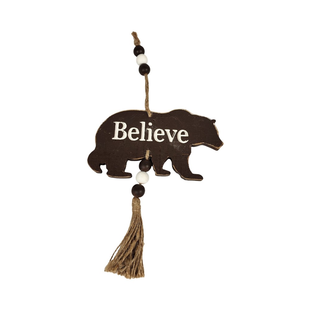 Hobby Lobby Rustic Wood Believe Bear Ornament Jute Tassel Bead Accent Brown 12in